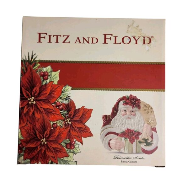 Fitz and Floyd Santa Cookie Plate Christmas Poinsettia Canape 59-353 w/Box - Picture 2 of 6